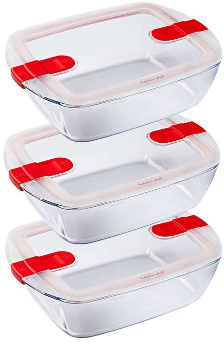 Pyrex - ciotola termica Cook rettangolare da 1,1 litri set da 3 pezzi - rosso trasparente