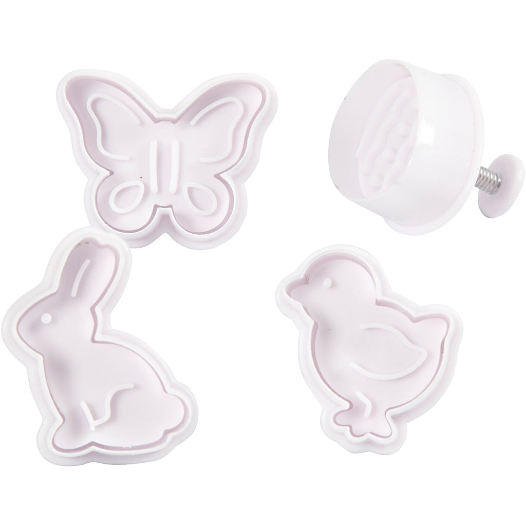 Formine per biscotti Creativ Company con timbro, uovo di Pasqua, lepre, gallina, farfalla, h: 5 cm, bianco, 4 pezzi 1 scatola