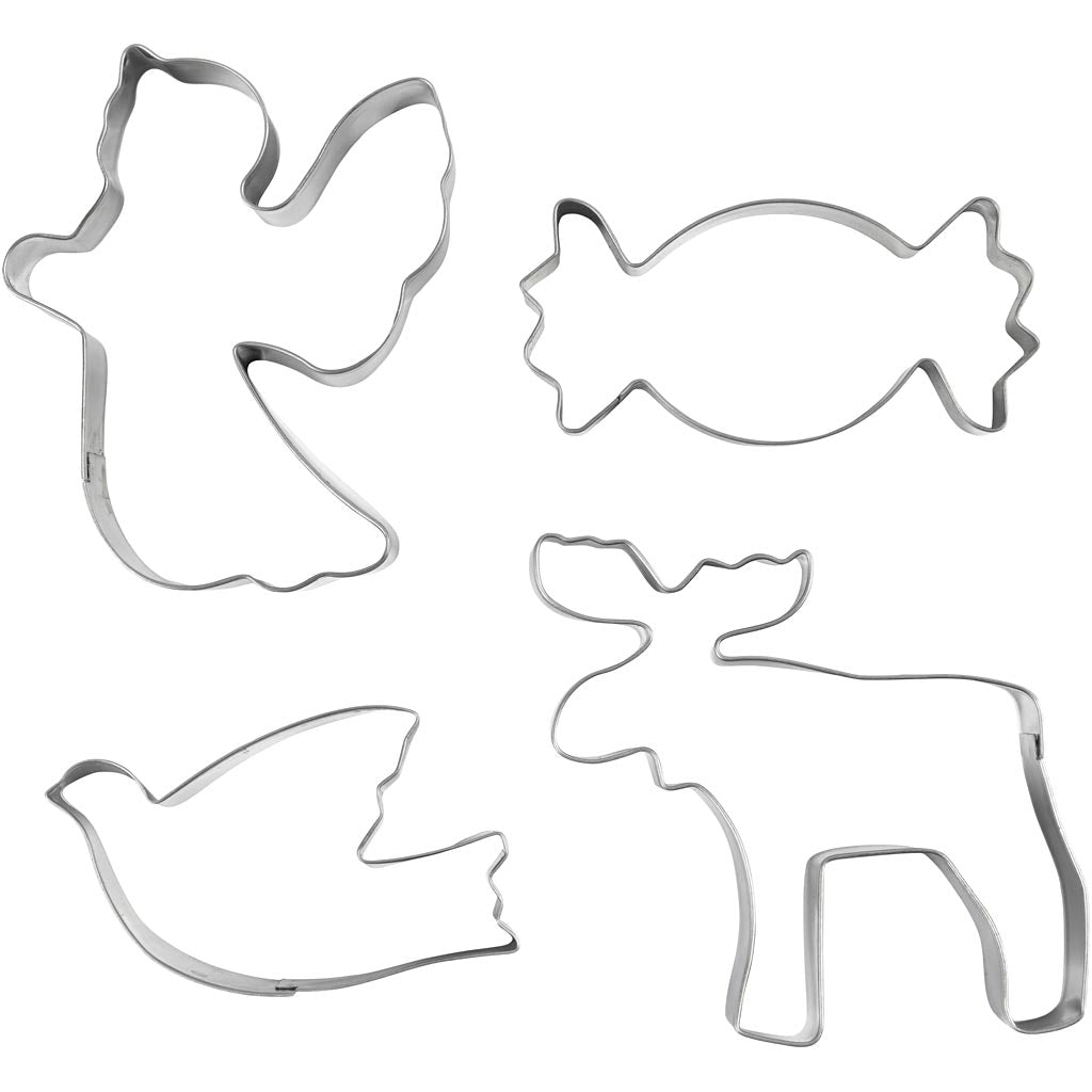 Formine per biscotti Creativ Company, angelo, renna, colomba, caramella, h: 2 cm, misura 4,5-9 cm, argento metallizzato, 4 pezzi 1 scatola