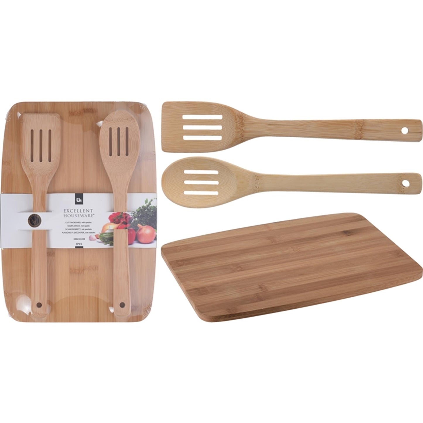 Excelente tabla de cortar de bambú para el hogar con cubiertos para ensalada.