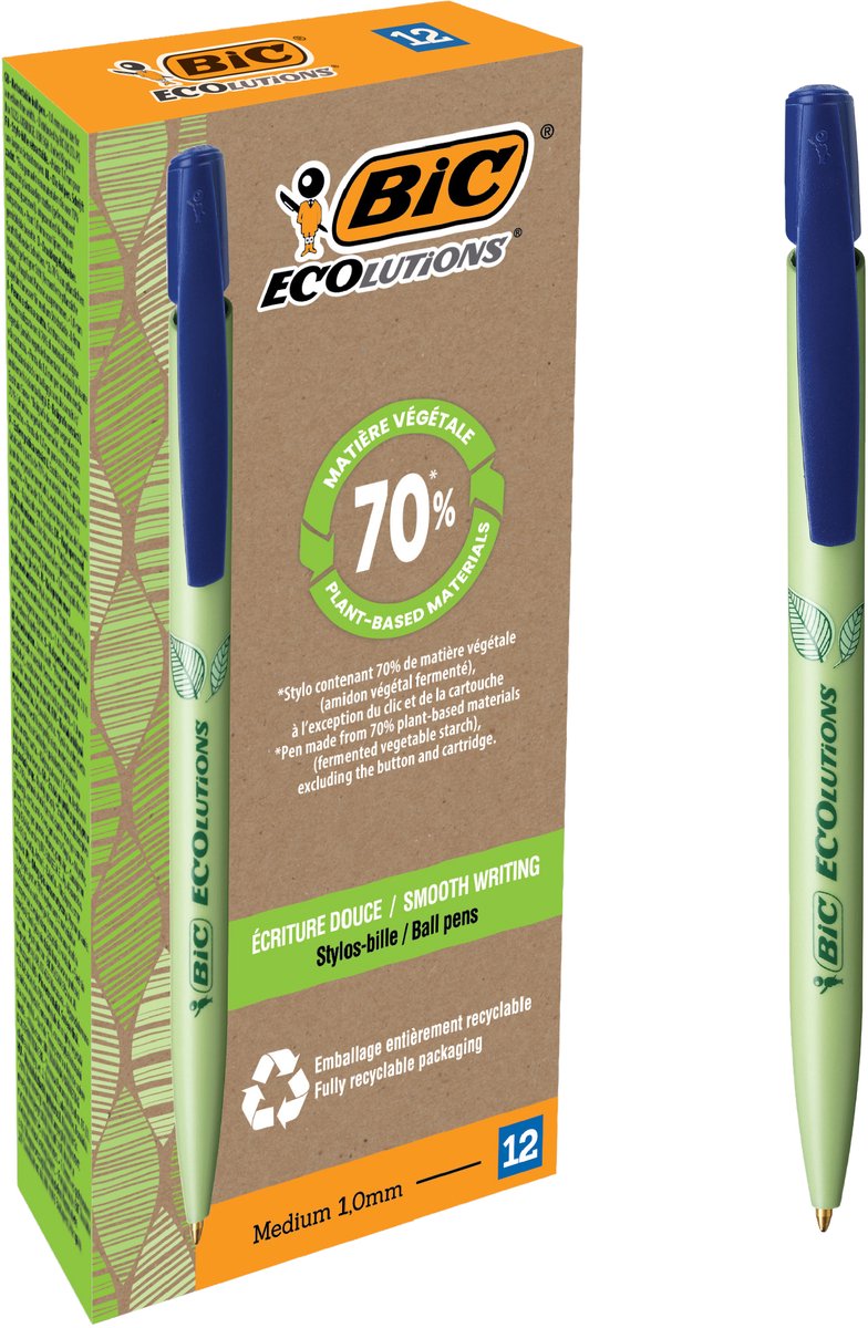 Penna a sfera Bic ecolutions media clic bio-based blu medio | 12 pezzi