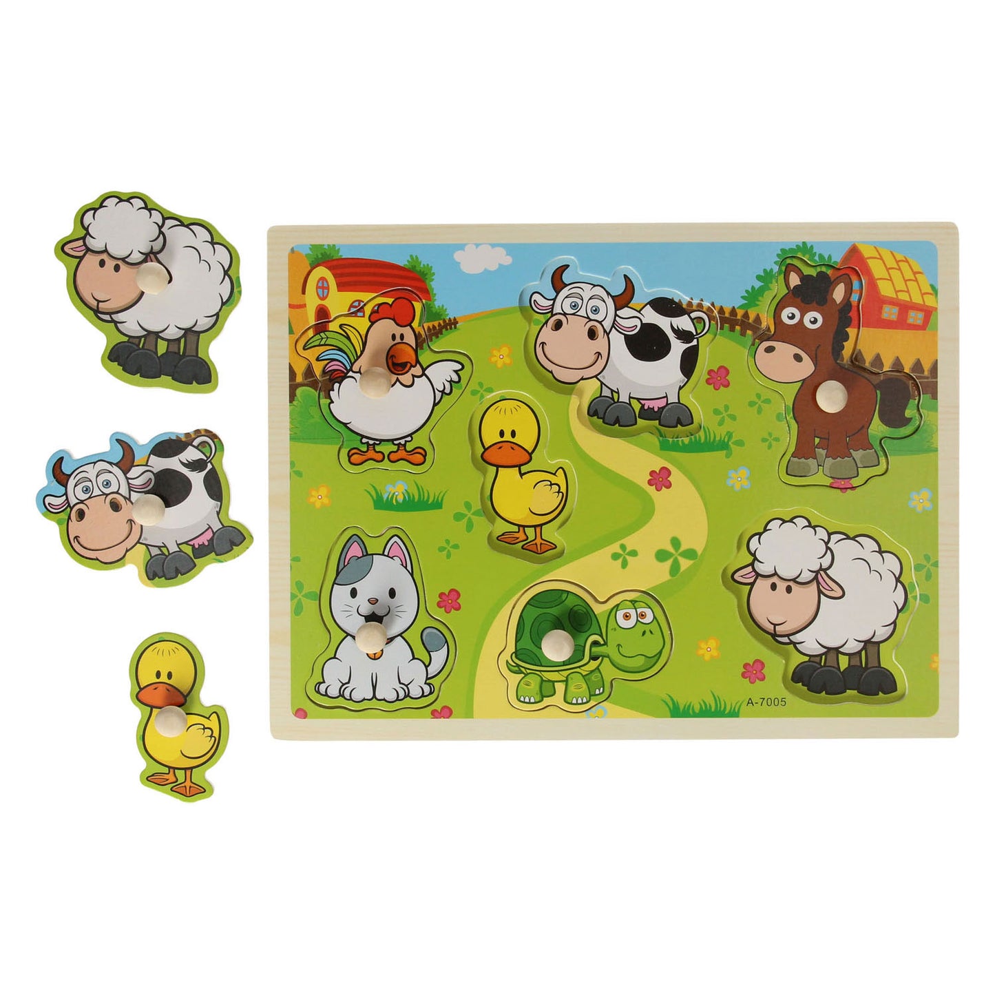 Puzzle de madera con animales de granja, 7 piezas.