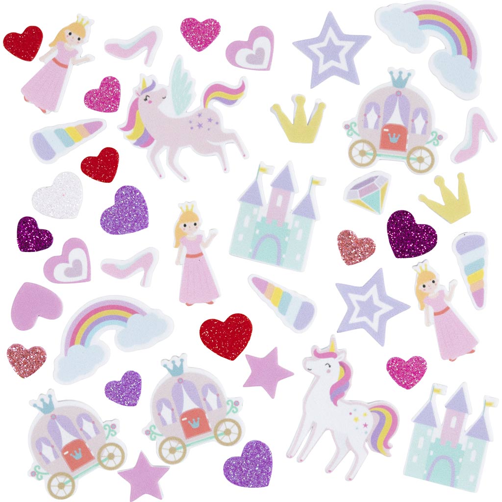 Creativ company pegatinas de espuma, corazón, princesa, unicornio, autoadhesivas, tamaño 13-50 mm, armonía rosa violeta, 150 piezas 1 caja