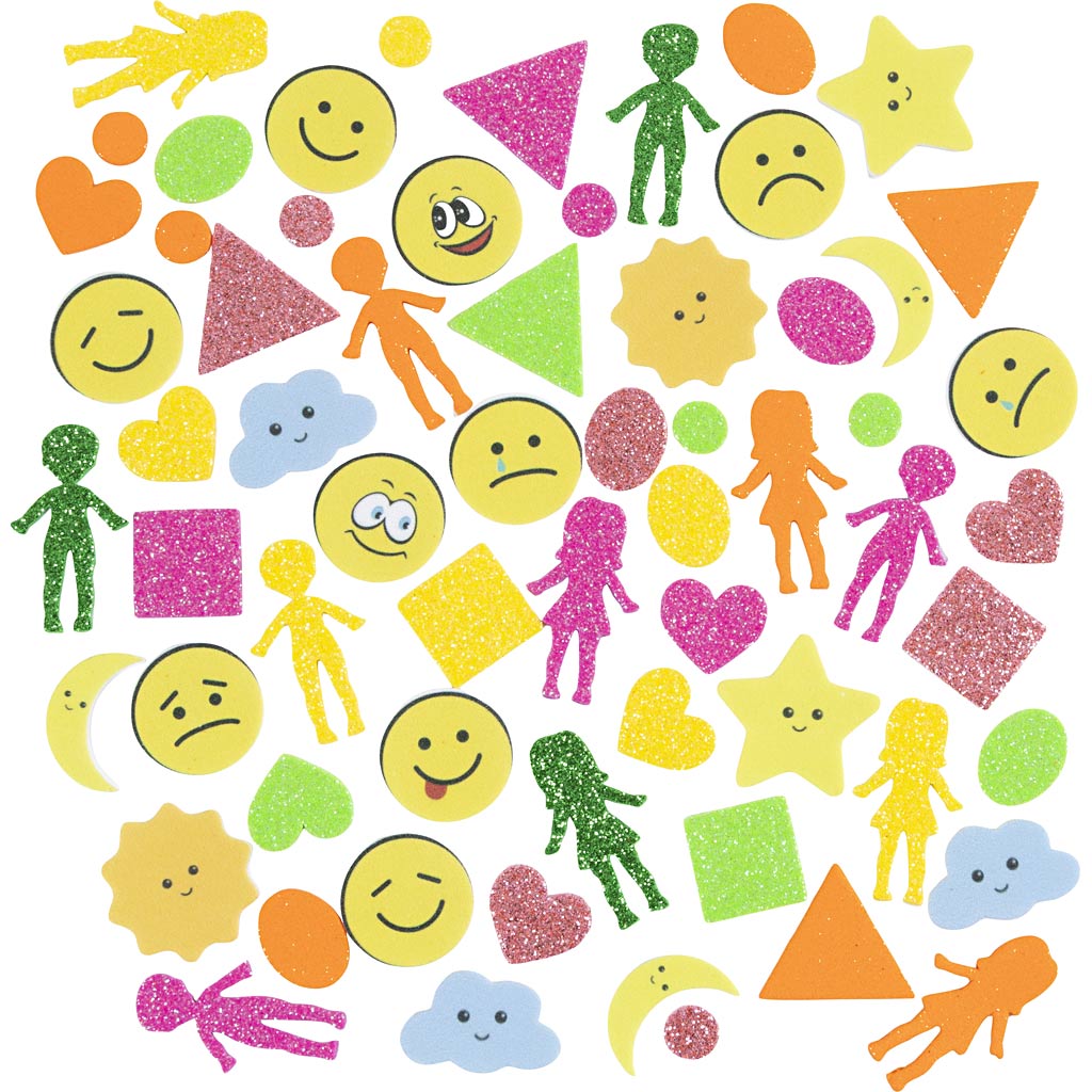 Creativ company pegatinas de espuma, geometría, personas, clima, emoticonos, autoadhesivas, tamaño 10-40 mm, colorido, 175 piezas 1 caja