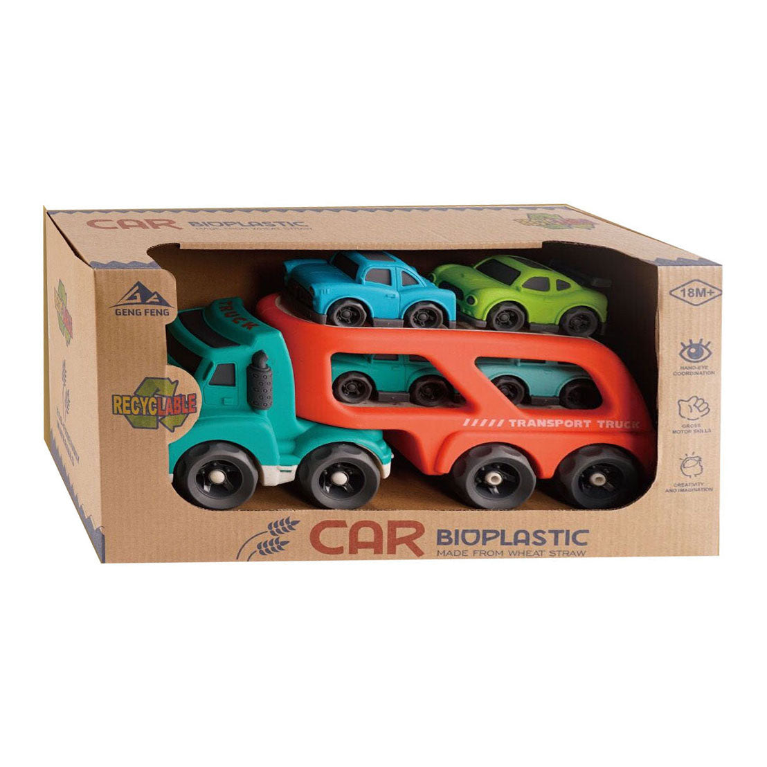 Camion trasportatore in bioplastica con 4 auto