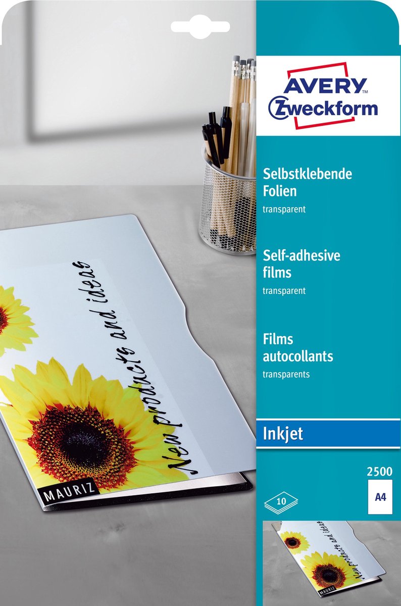 Avery 2500 inkjet polyester transparant 10vel transparante film