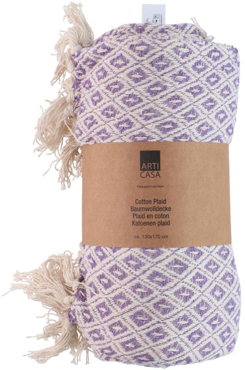 Plaid in cotone Arti casa - 130x170 cm - coperta decorativa con frange - plaid soft living - viola