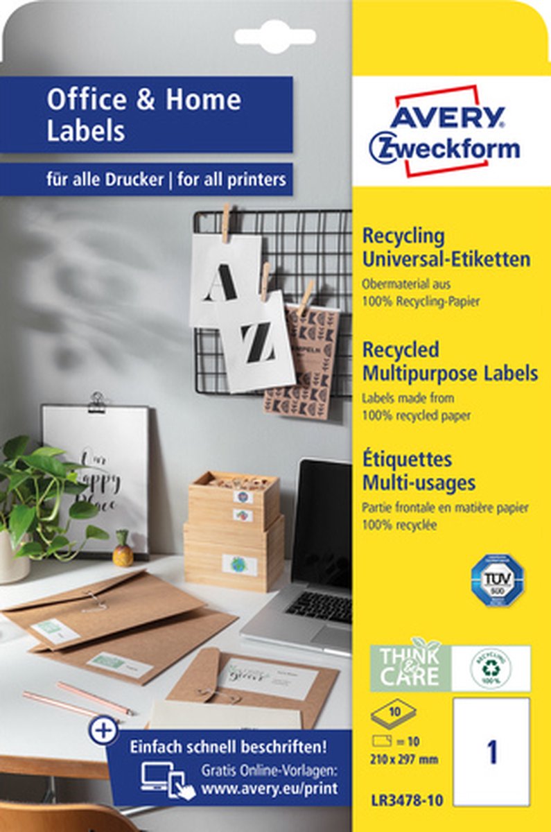 Avery etiketten zweckform 297 x 210 mm kringlooppapier 100 stuks