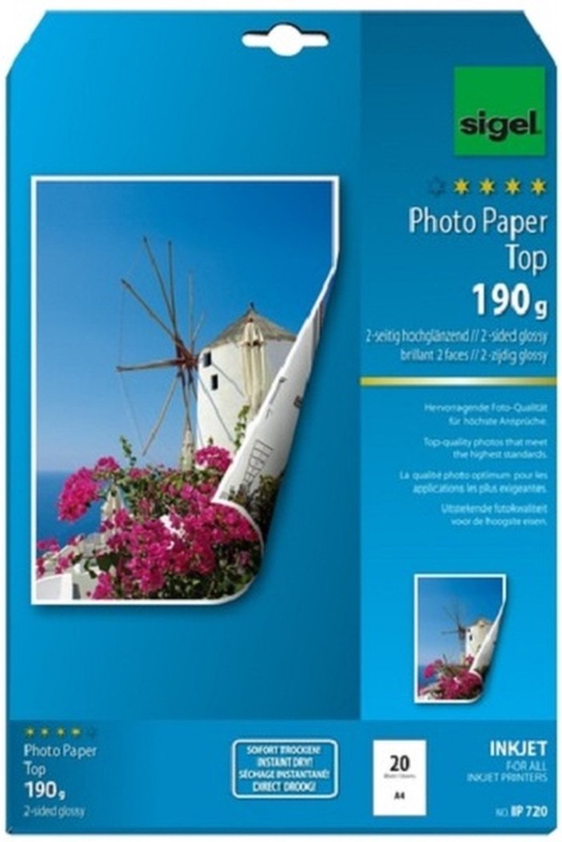 Sigel inkjet fotopapier - top - a4 - hoogglanzend - dubbelzijdig - 190 grams - 20 vel - si-ip720