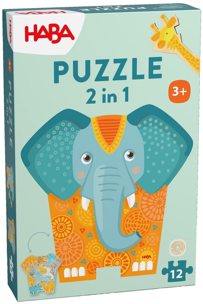Haba puzzel dieren 2 in 1 - olifant karton 12 stukjes.