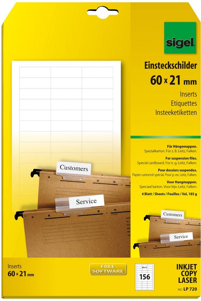 Etichette ad inserimento Sigel - per cartelle sospese - 4 x 156 pezzi - 60x21mm - si-lp-720