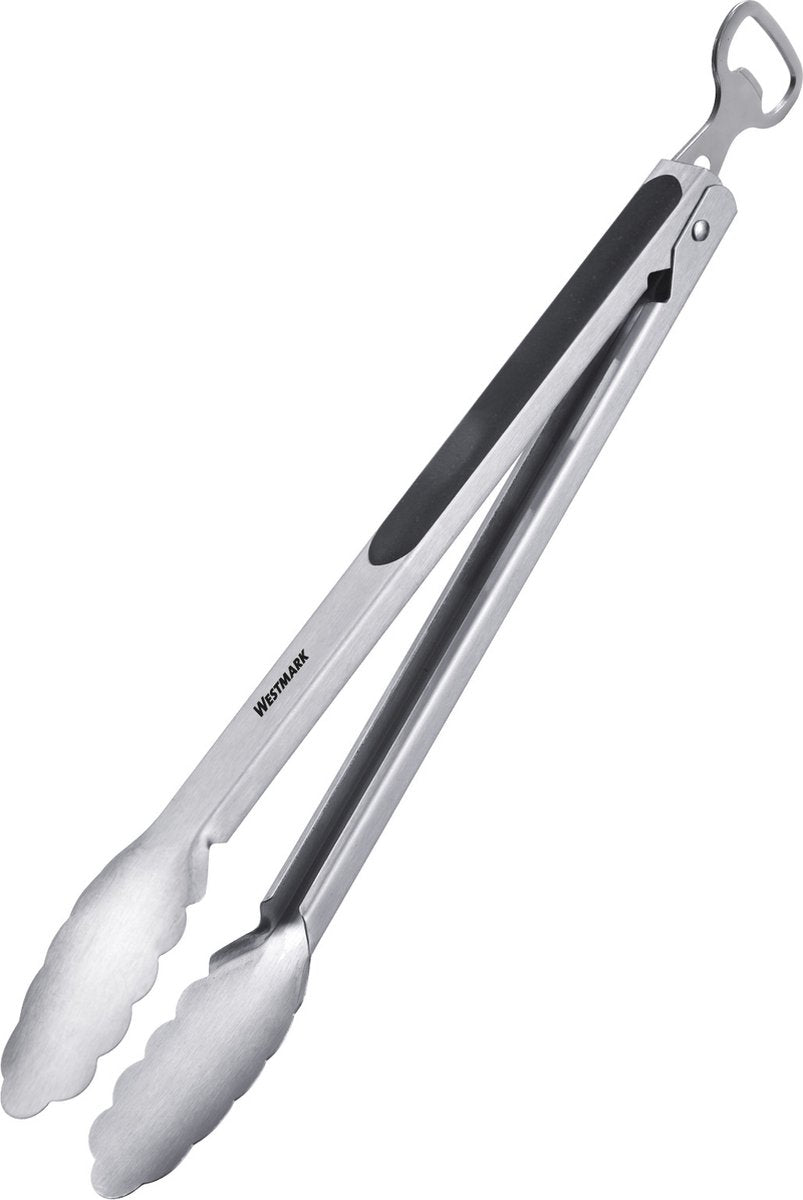 Westmark pinzas para parrilla + pinzas para servir con abrebotellas, con extremos de acero inoxidable y mangos de goma, longitud: 35 cm, plástico de acero inoxidable, mezcla especial clásica, negro plateado, 1625227ö