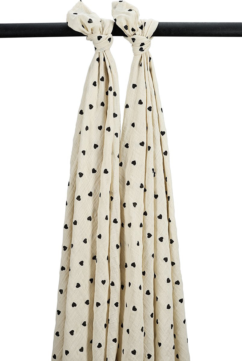 Meyco baby sweet heart swaddle - 2-pack - pre-washed hydrofiel - soft sand black - 120x120cm