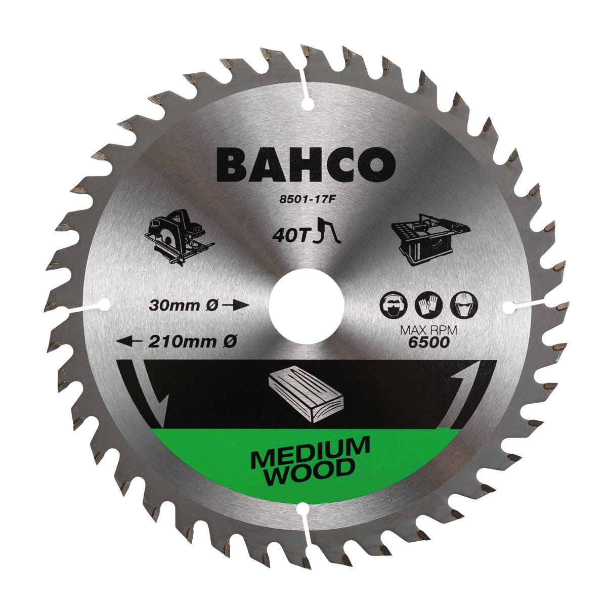 Hoja de sierra circular Bahco | dientes de carburo | para máquinas portátiles | dientes finos | para madera | 60 tpi | 30 mm x 190 mm - 8501-190-30-60xf