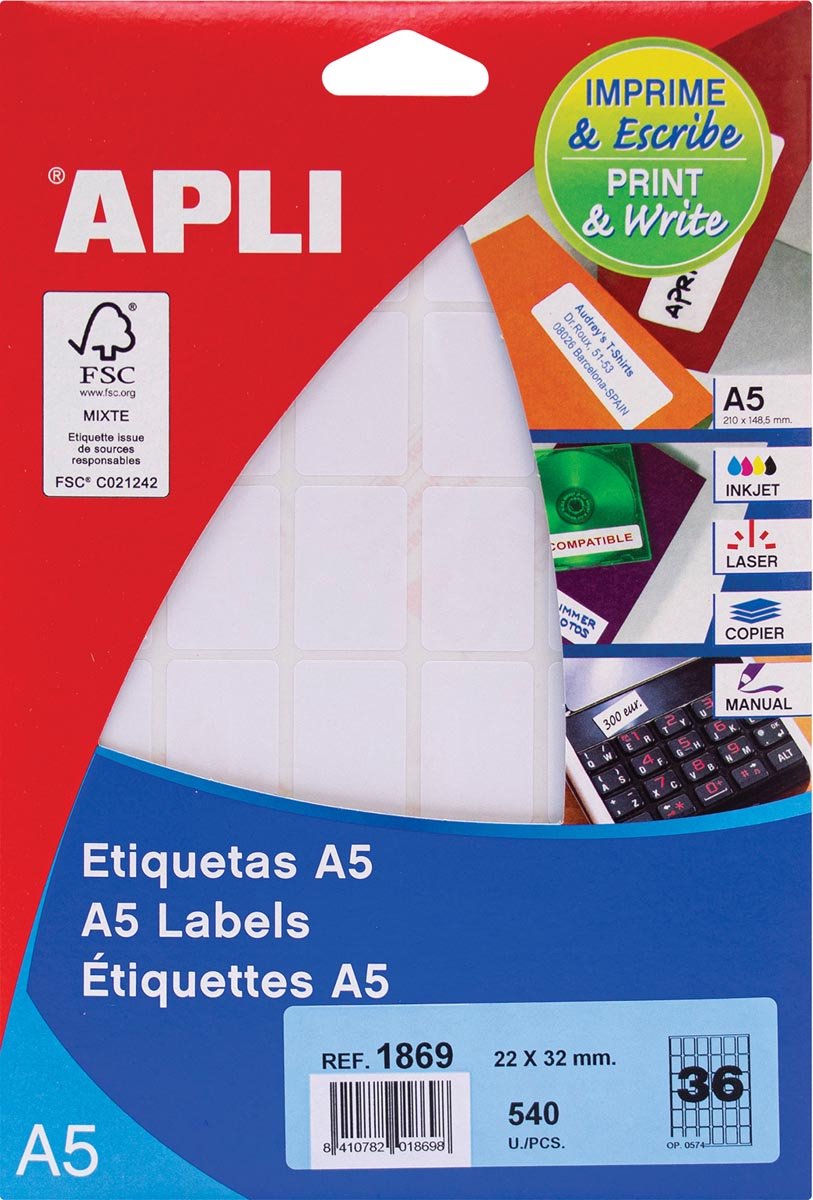 Apli etichette bianche stampa scrittura ft 22 x 32 mm (l x a), 540 pezzi, 36 per foglio (1869)