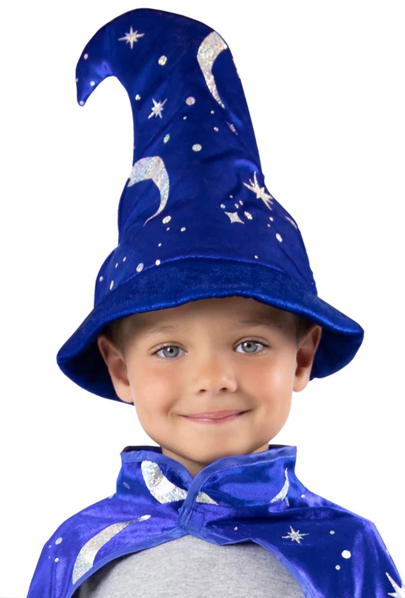 Pequeñas aventuras - sombrero de mago azul real - sombrero suave con estrellas y lunas