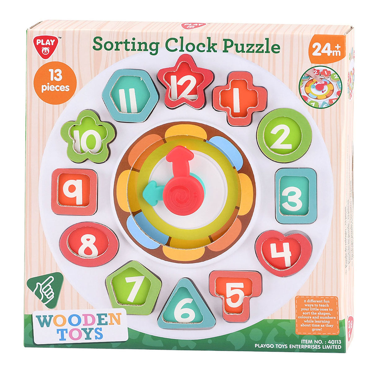Gioca a forme di smistamento in legno e orologio per l'apprendimento, 13dlg.