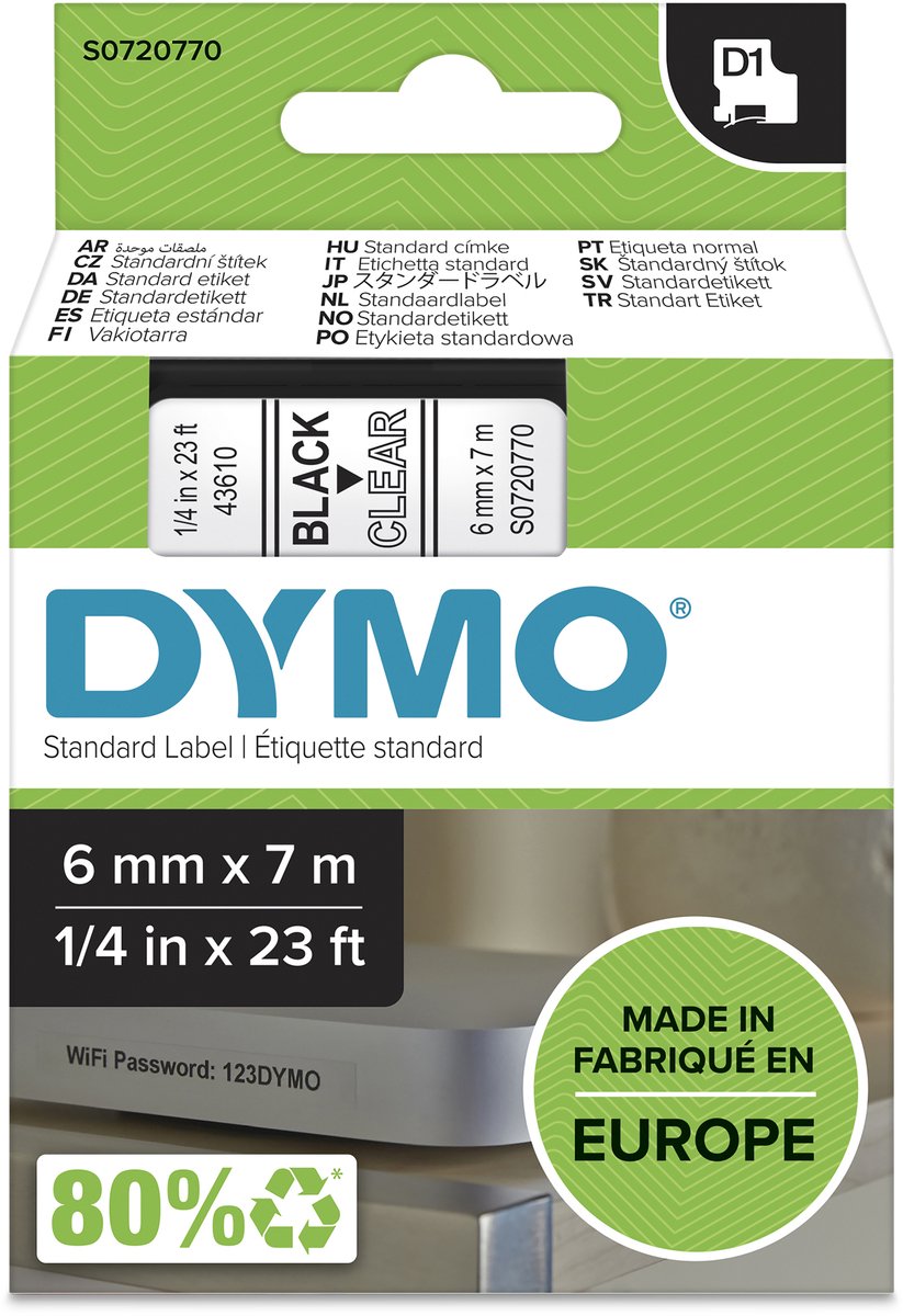 Etichette Dymo originali d1 | testo nero su etichetta trasparente | 6 mm x 7 m | etichette autoadesive per la stampante per etichette Label Manager | prodotto in Europa