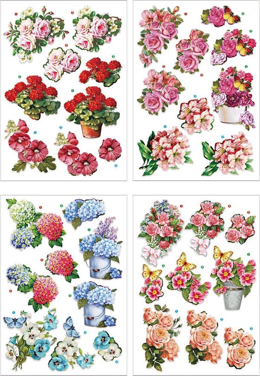 Creativ company 3d knipvellen - bloemen thema - creatieve scrapbook decoratie - kaarten maken - hobby knutselen - bloemen prints - formaat 21x30 cm - 4 vellen - voor diy projecten en creatief gebruik