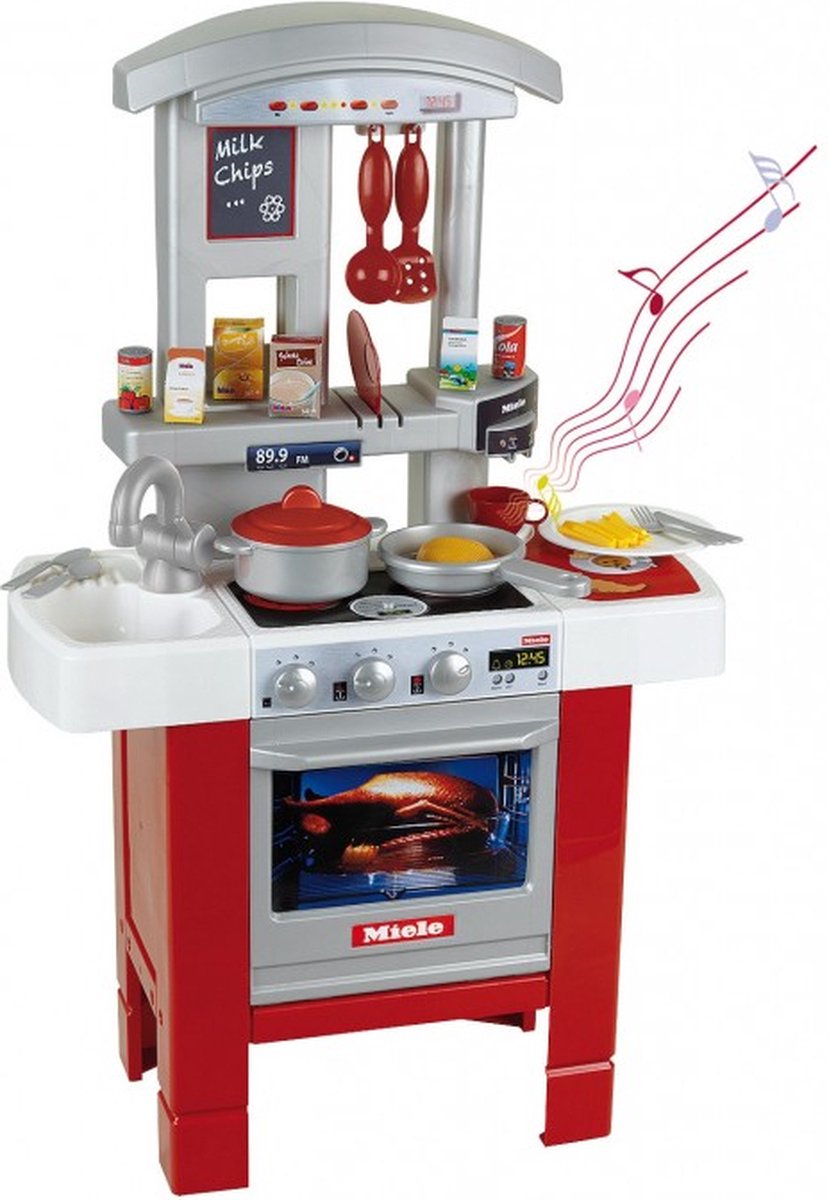 Cocina básica miele de juguetes klein - 27x57x90 cm - horno, lavavajillas, campana extractora, fregadero, réplicas de alimentos, utensilios para cocinar y comer - incl. efectos de sonido - gris rojo