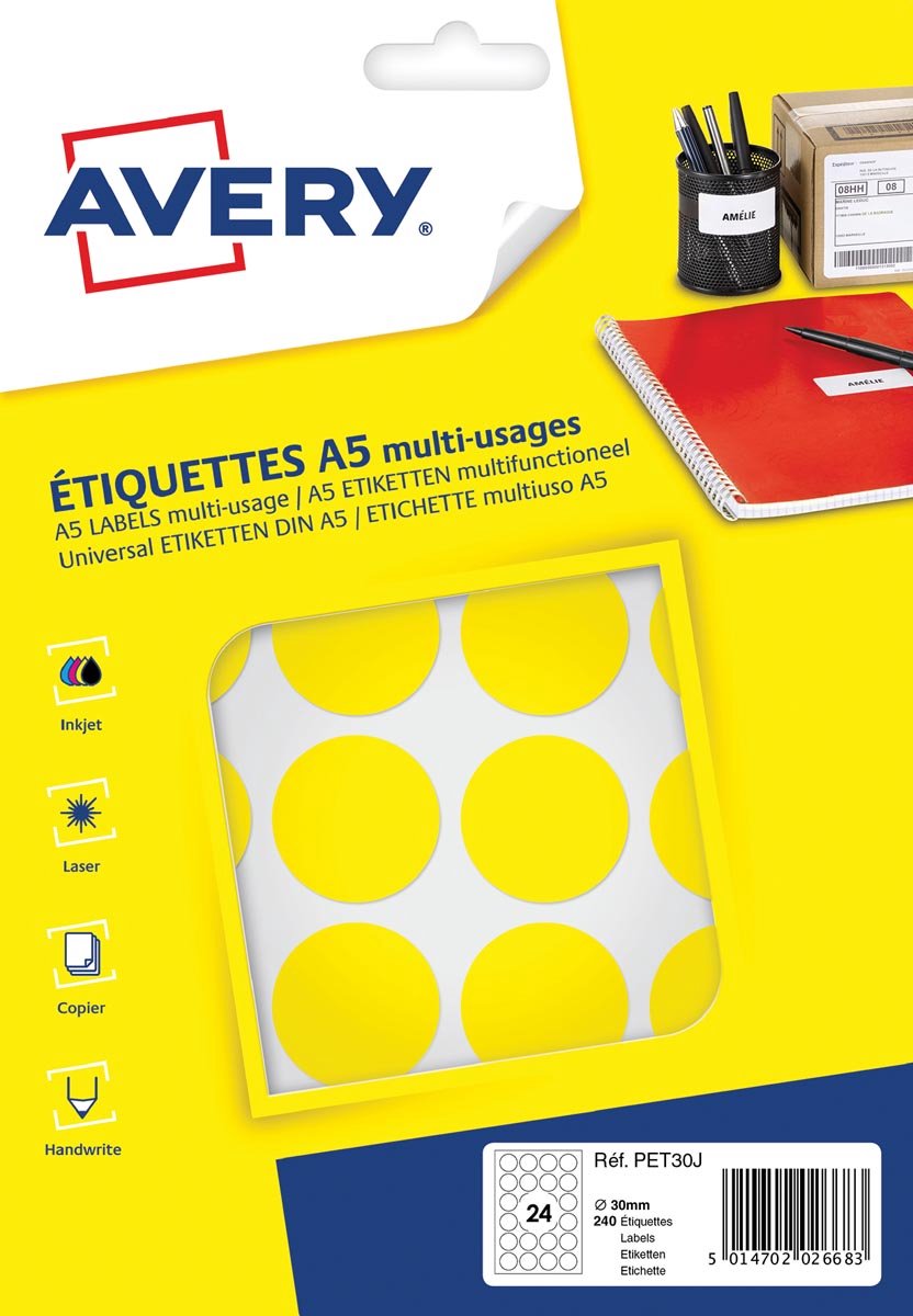 Etichette Avery rotonde 30 mm carta gialla 240 pezzi