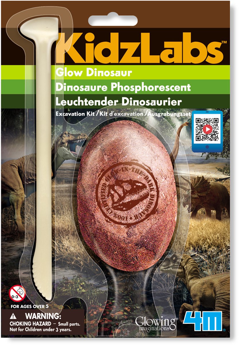 Kit de excavación de 4 m que brilla en la oscuridad - dinosaurio - ciencia y juegos - 1 pieza - 6 variedades - kidzlabs - 5+