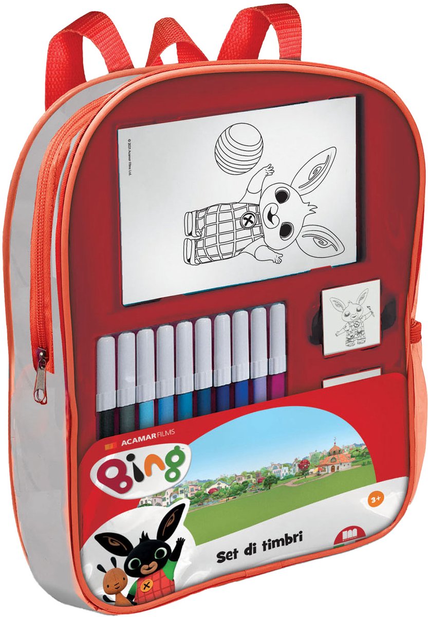 Zaino multiprint con francobolli e penne in feltro