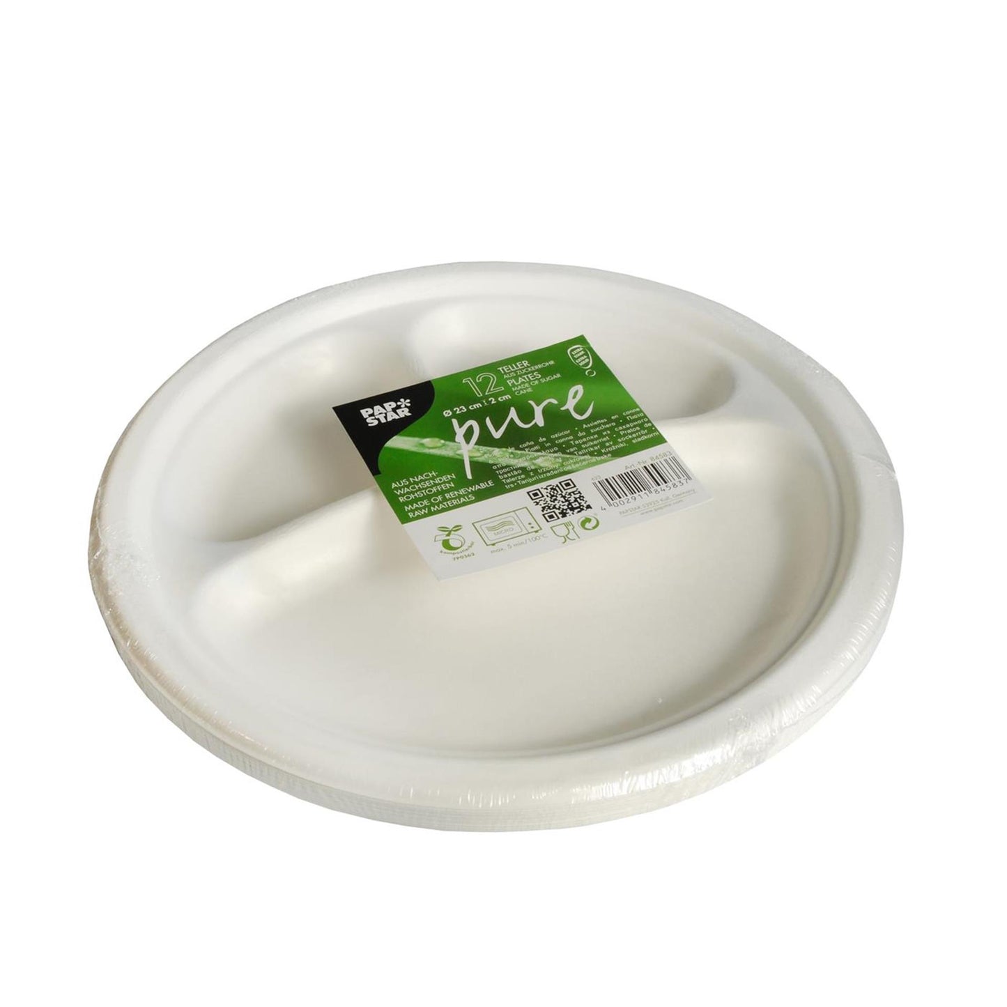 Papstar 12 platos caña de azúcar pura 3 compartimentos ø23cm