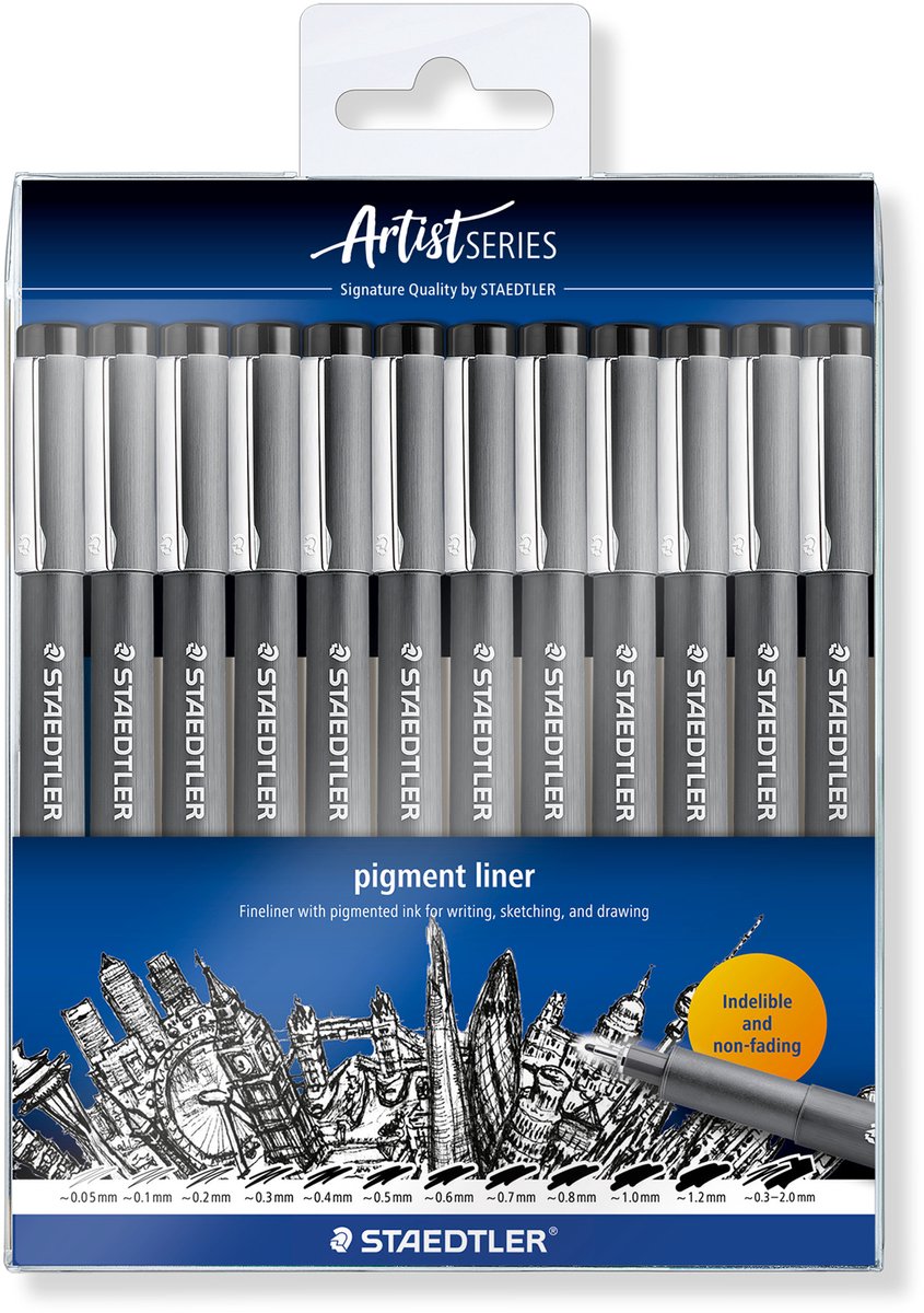 Staedtler - serie artista - pigment liner 308 - estuche con 12 anchos de línea - negro