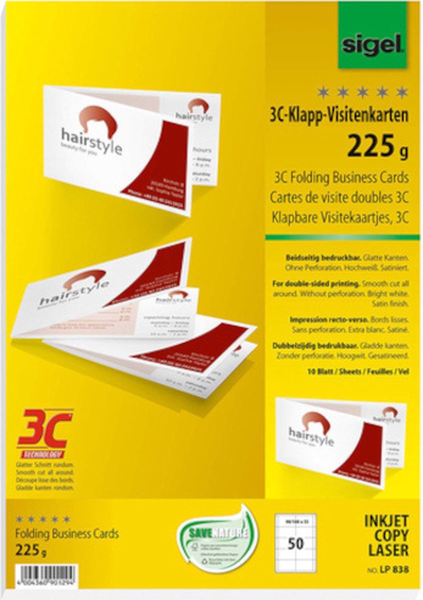 Sigel - visitekaartjes - wit - 180x55mm - 225 gram - 50 stuks - si-lp838