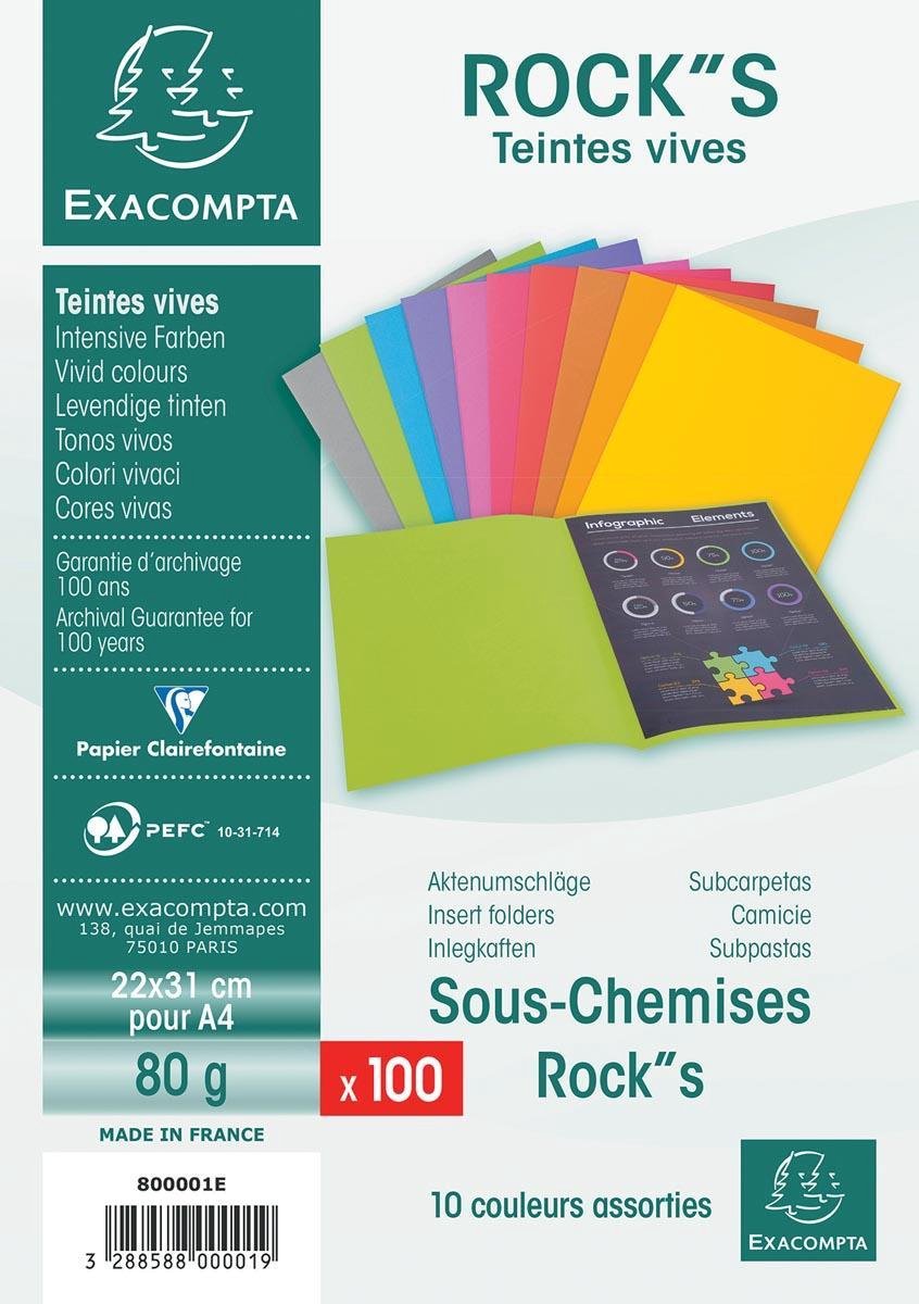 Exacompta rock''s 80 - paquete de 100 carpetas insertables 22x31cm para A4 - surtido - 800001e
