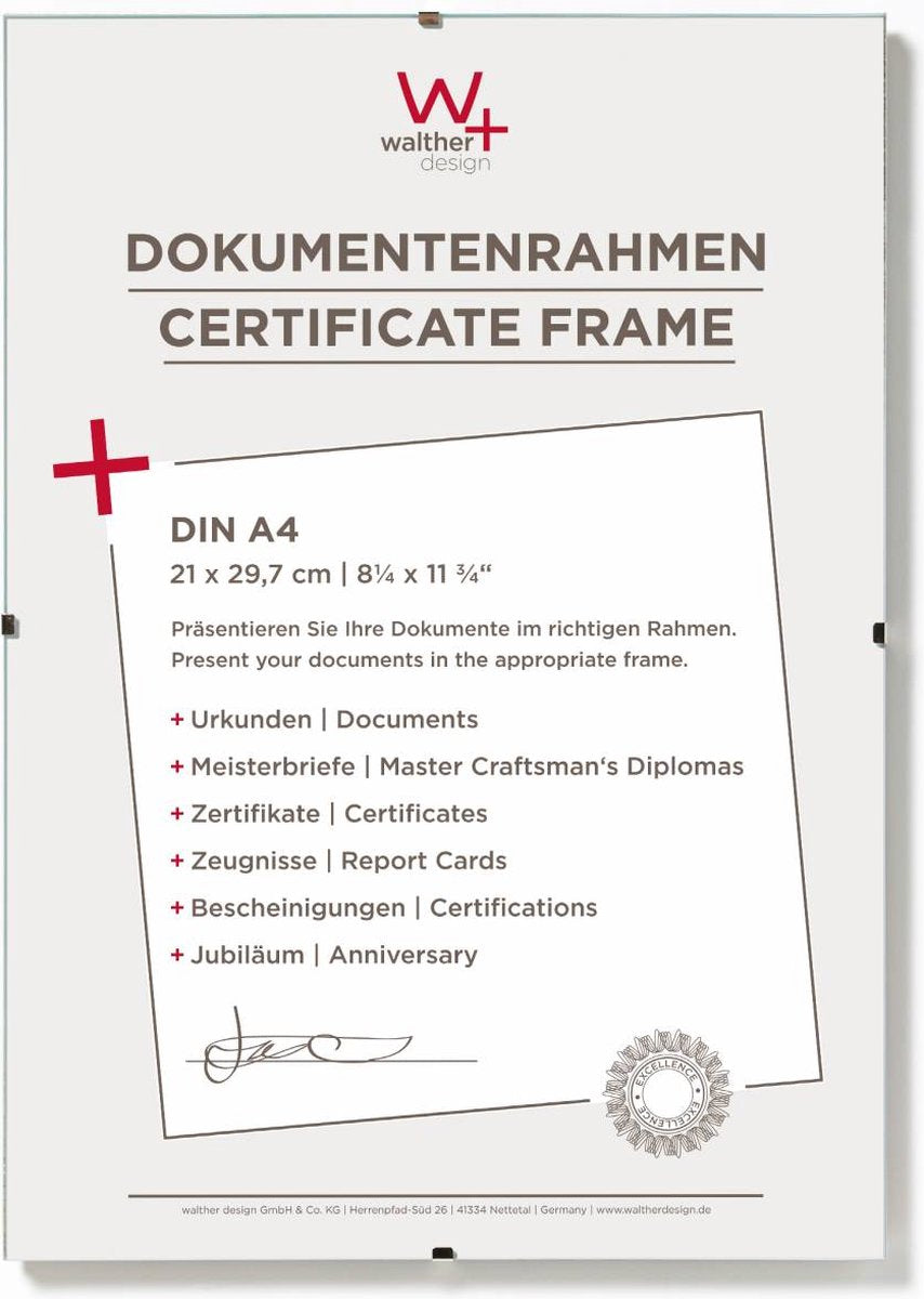 Portafoto Walther senza cornice (cornice a clip) - dimensioni cornice 21x29,7 cm (din A4) - vetro antiriflesso
