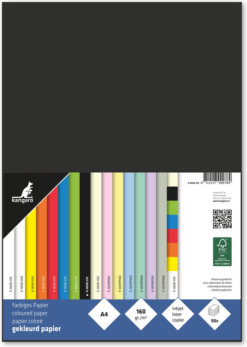 Carta canguro - a4 - 160 grammi fsc - pacco 50 fogli - nero - k-0039-315