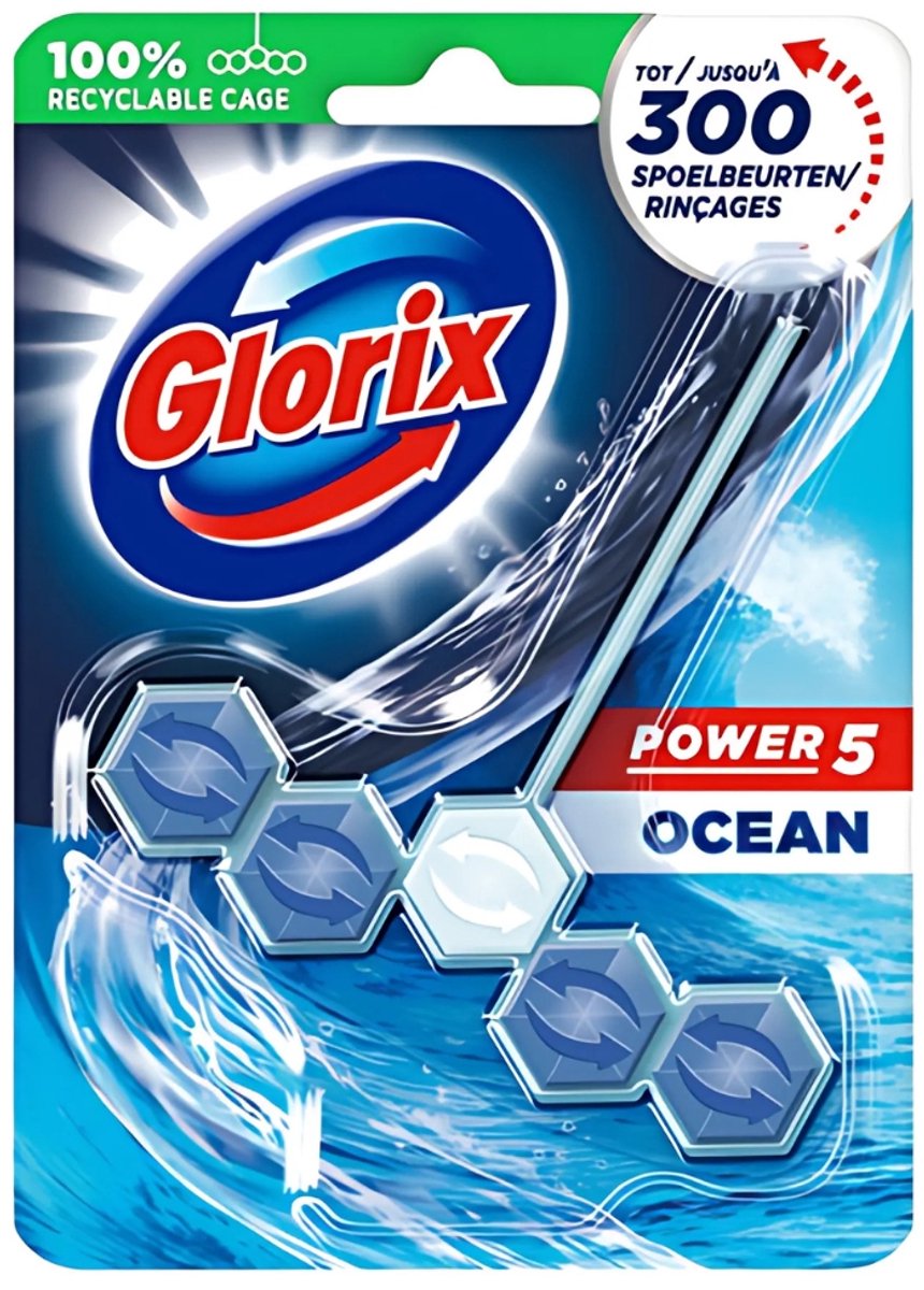Glorix - bloque de inodoro - power 5 - océano - frescura duradera - 55 g