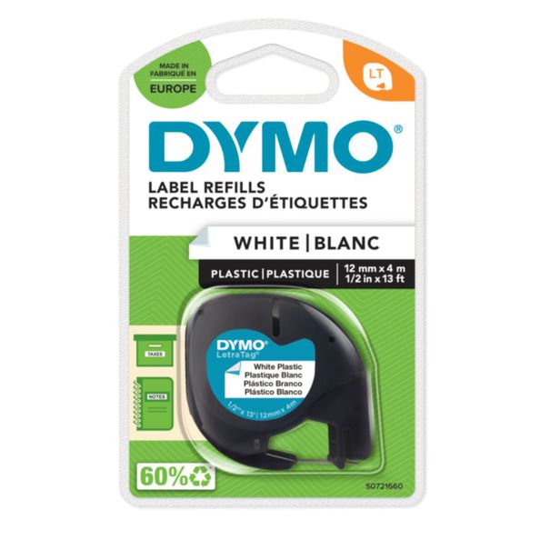 Cinta Dymo letratag plástico blanco (12mm x 4m)