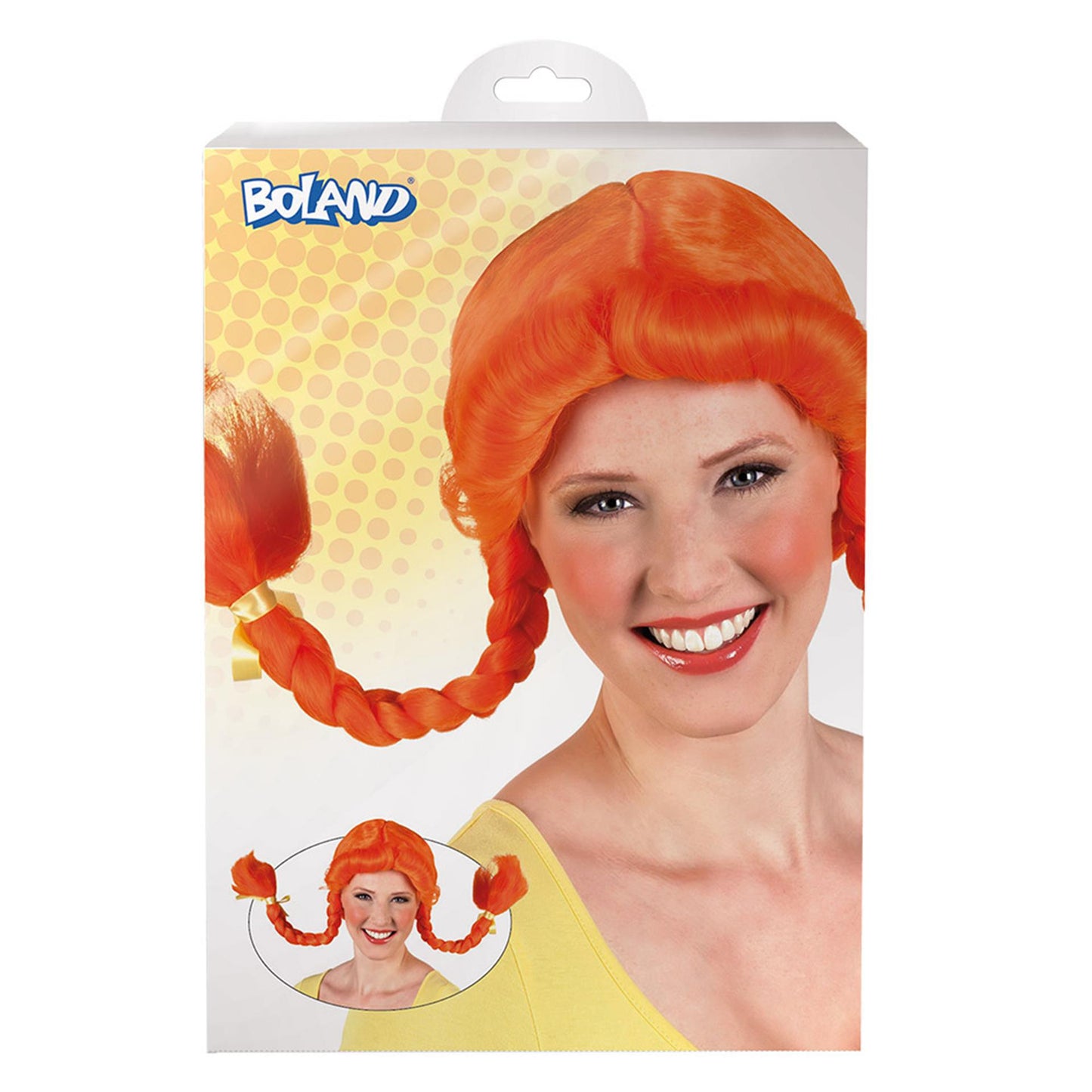 Peluca Boland con trenzas naranjas y lazo.