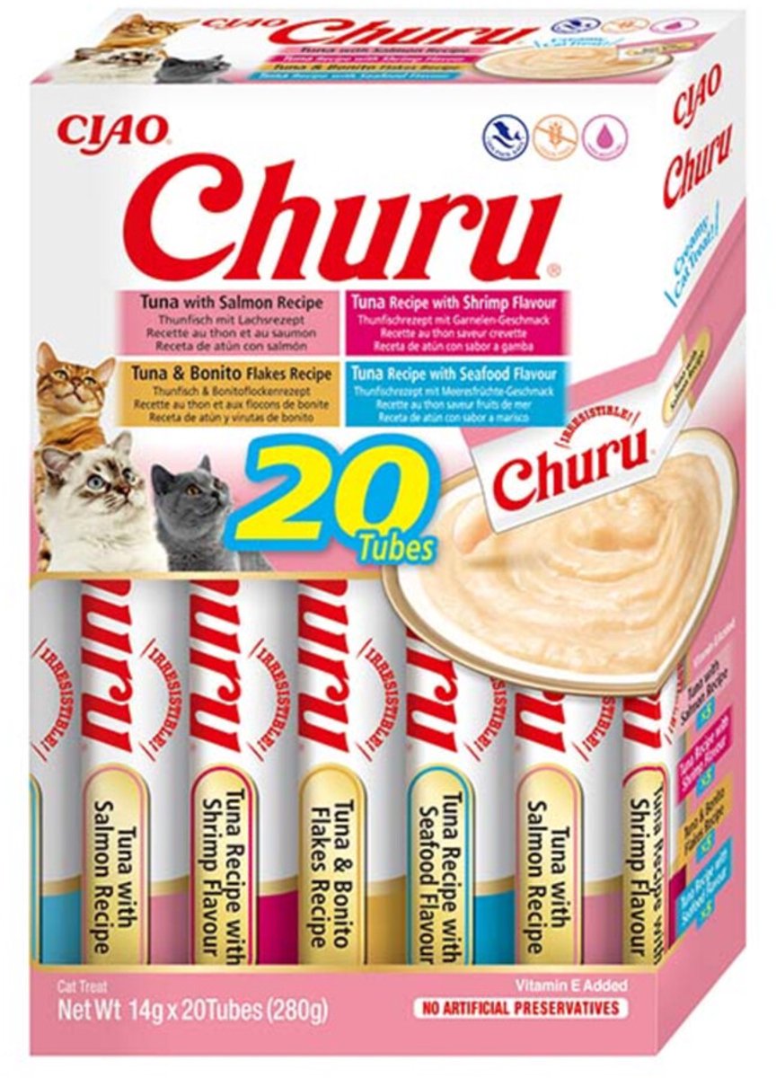 Confezione multipla di purea Inaba churu - snack per gatti - tonno frutti di mare 20x14 g
