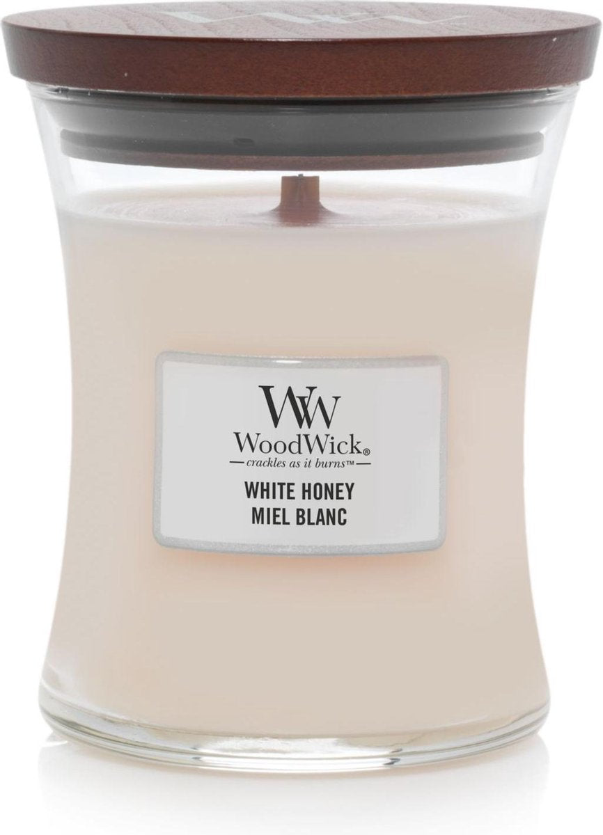 Woodwick hourglass medium geurkaars - white honey - 60 branduren