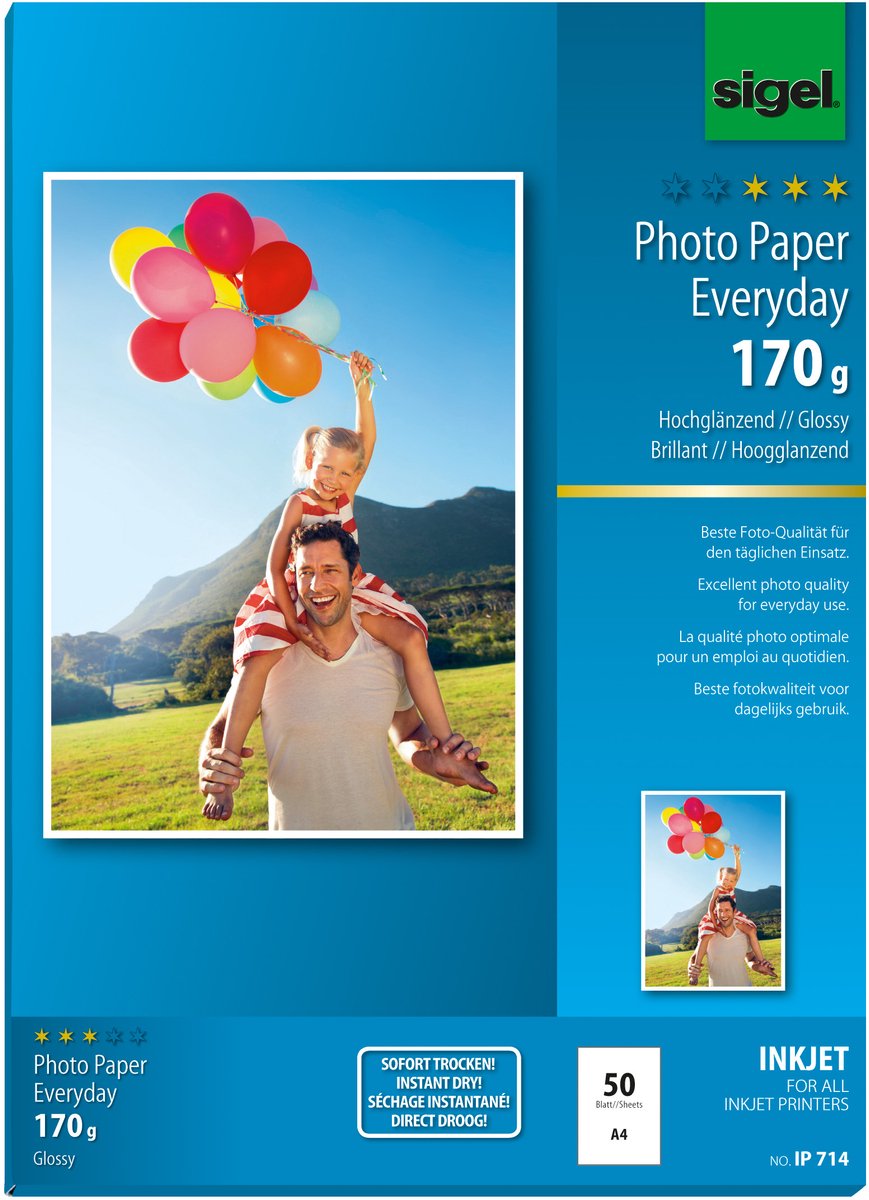 Sigel inkjet fotopapier - everyday plus - a4 - hoogglanzend - 170 grams - 50 vel - si-ip714