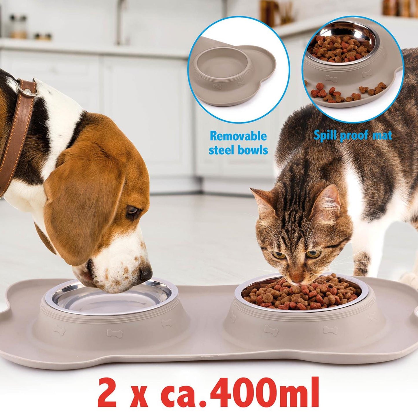 Pet voerbak met mat en stalen bak 45x27x4,2cm