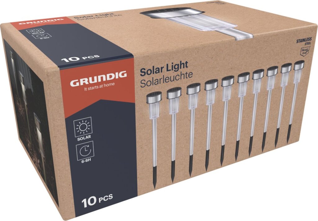 Grundig Grundig Torches de jardín 10 piezas Pie Spot on Solar White Light IP44 Lación de batería resistente al agua 6-8 horas 4.8x36.5 cm Acero inoxidable