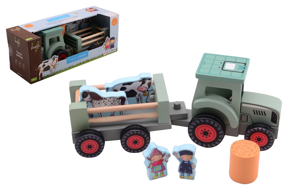 Trattore in legno Johntoy fien teun con accessori - 7 pezzi.