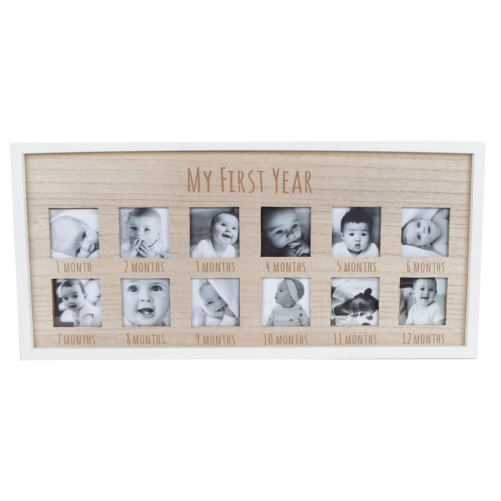 Frame di foto varie il mio primo anno in legno bianco naturale 47x22x 1,5 cm