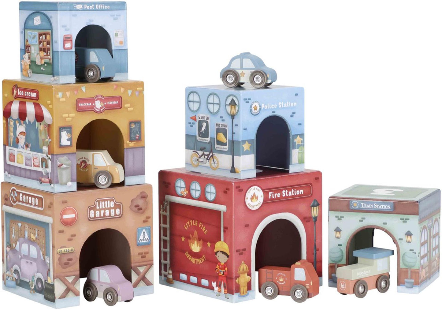 Little Dutch apilando bloques con coches