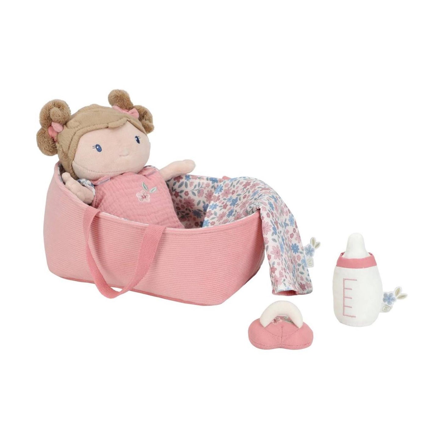 Piccola bambola olandese nel cestino rosa 25 cm