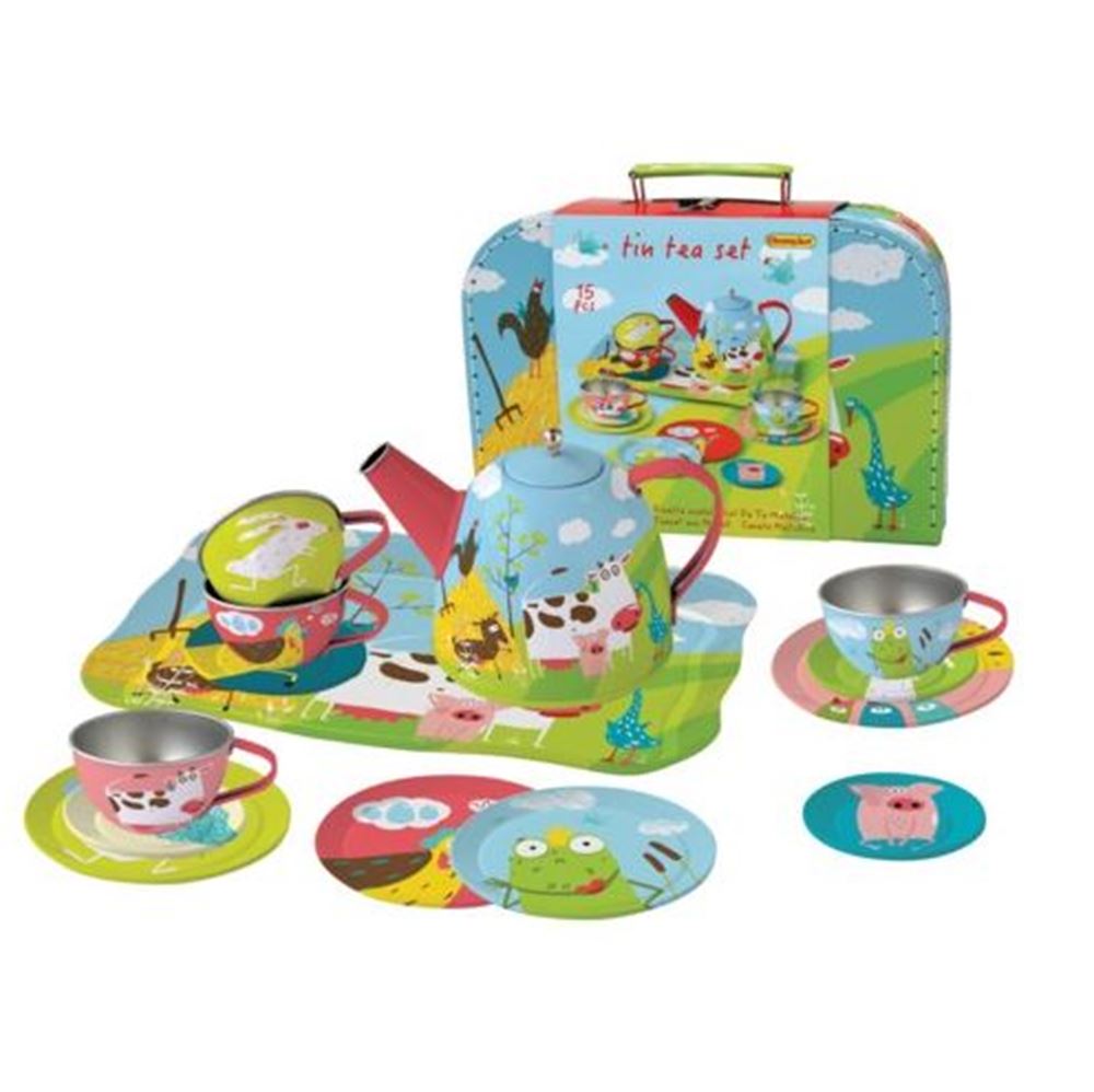 Simplemente para niños simplemente para metal de té en maleta con animales de granja de 15 piezas