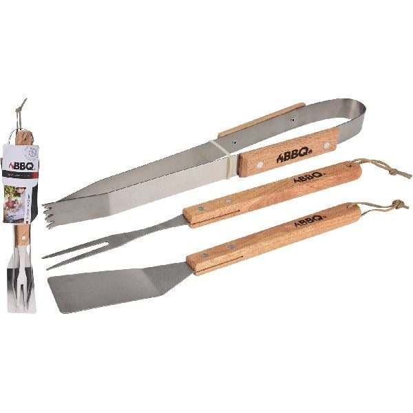 Herramienta BBQ Tool de acero inoxidable Madera de 36 cm de 3 piezas