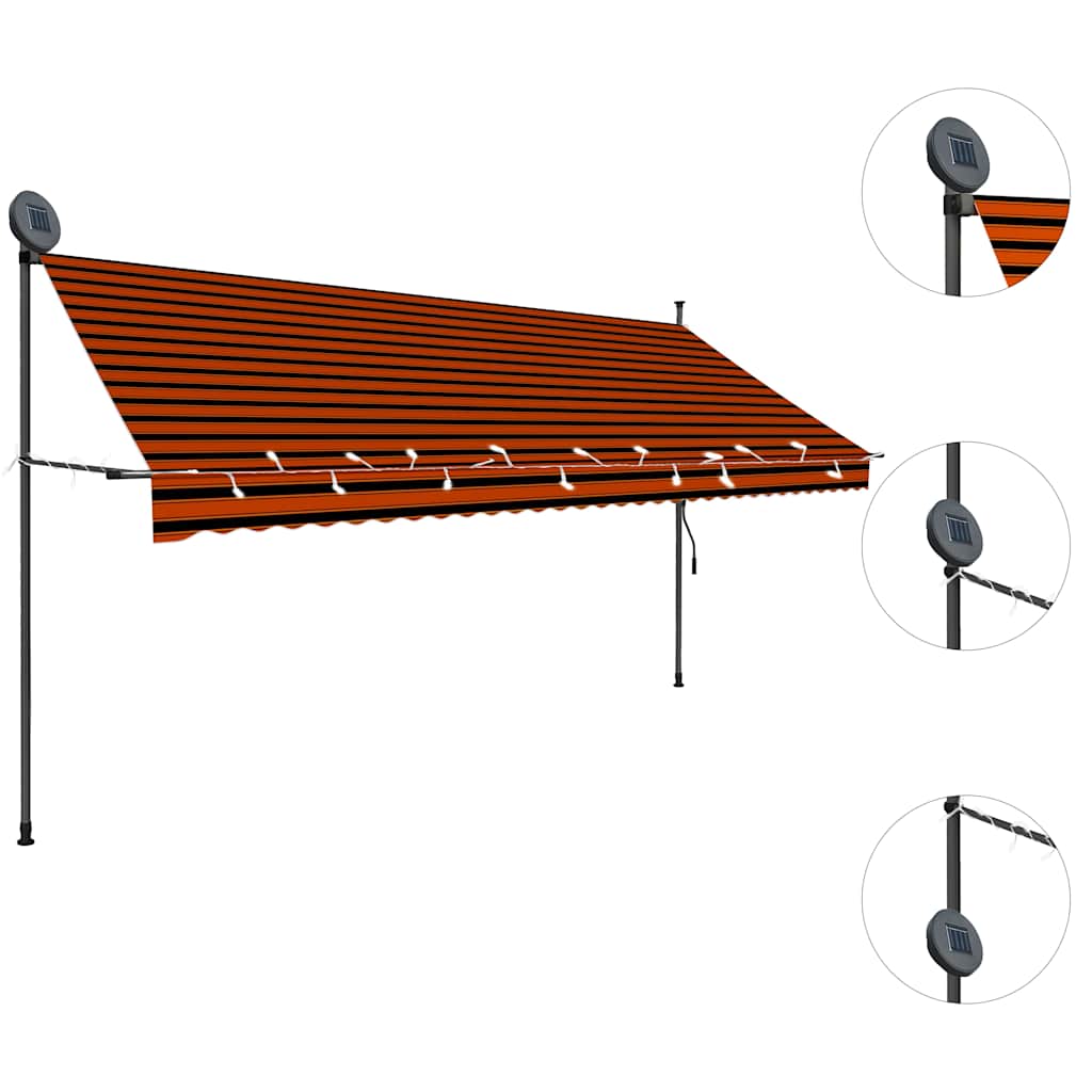 Vidaxl Luifel estendibile manualmente con arancione a 350 cm a LED e marrone