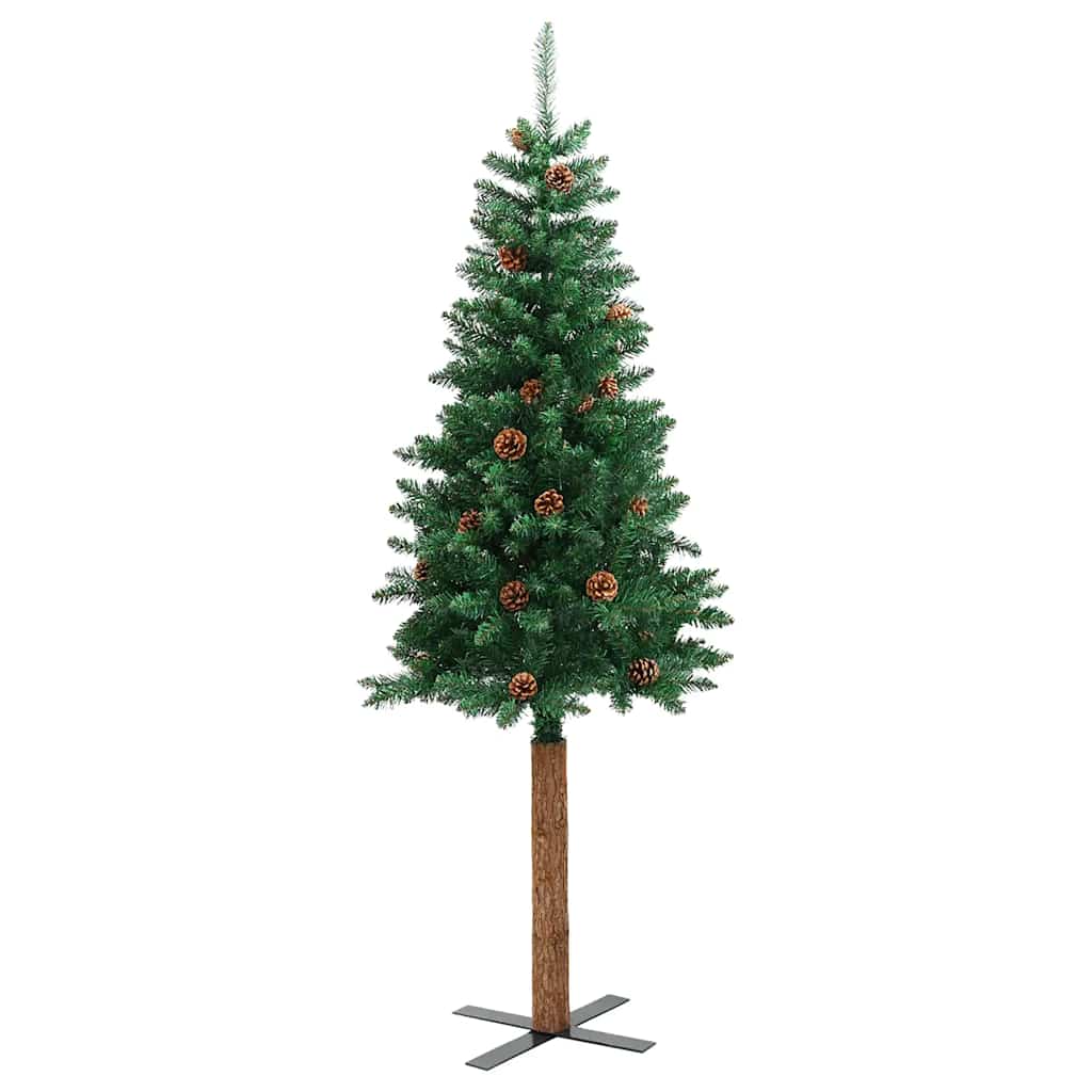 Albero di Natale Vidaxl con legno reale e coni di pino stretti 150 cm PVC verde