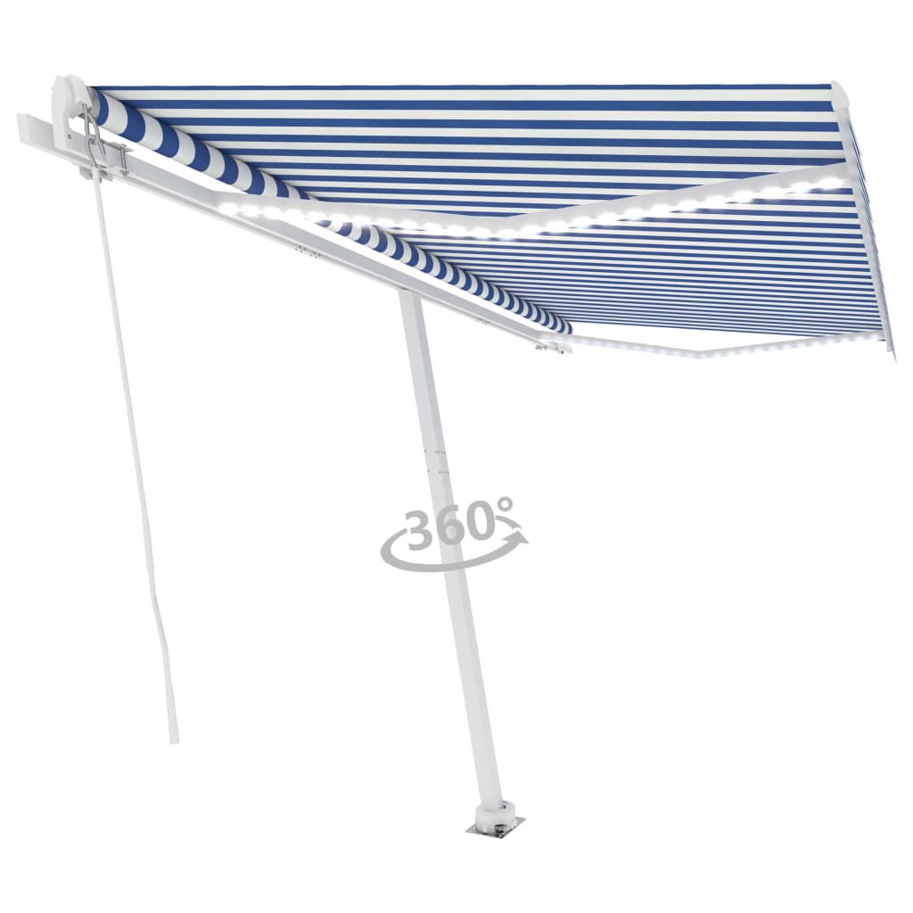 Vidaxl Luifel estendibile manualmente con LED 450x300 cm blu e bianco
